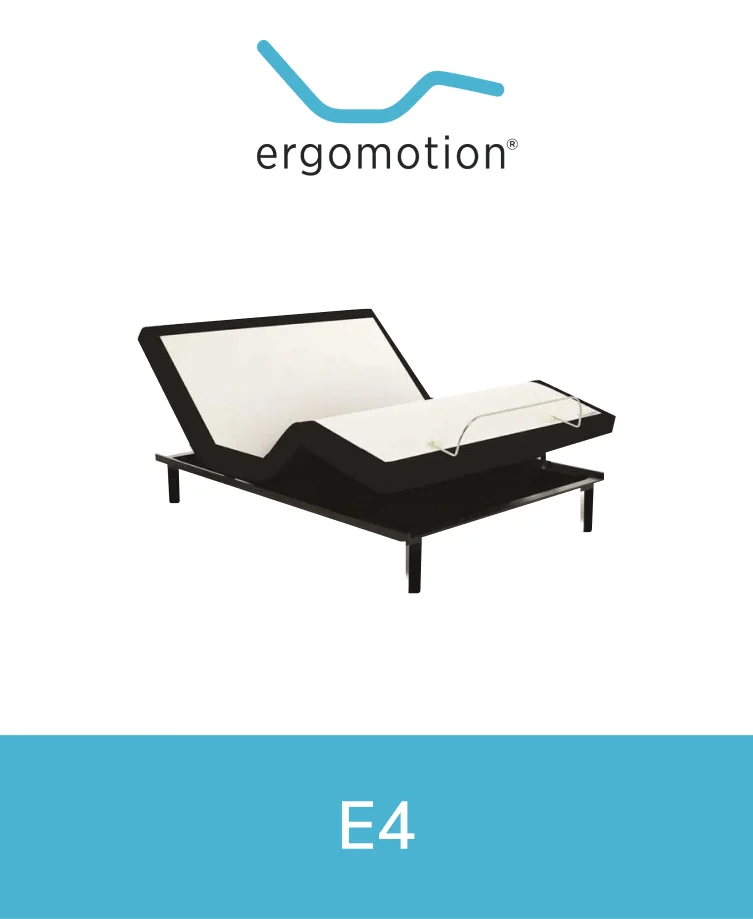 Ergomotion E4 adjustable bed base with a sleek gray upholstered frame