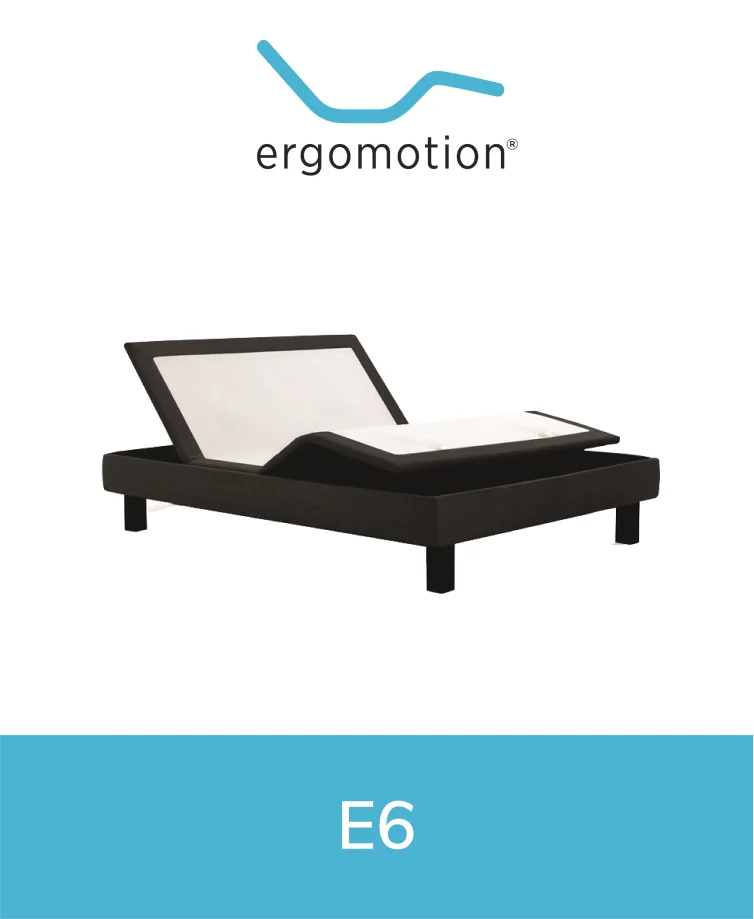 Ergomotion E6 adjustable bed with modern design and gray upholstered headboard