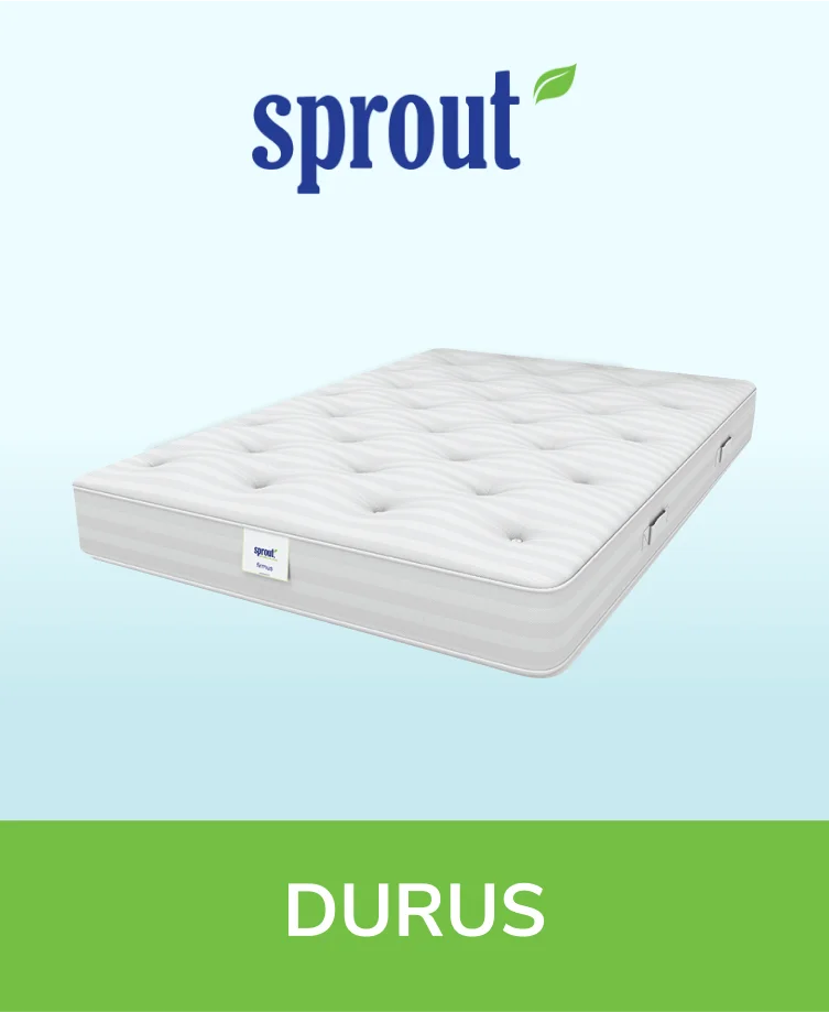 Sprout Durus mattress with a gray quilted cover and white sides